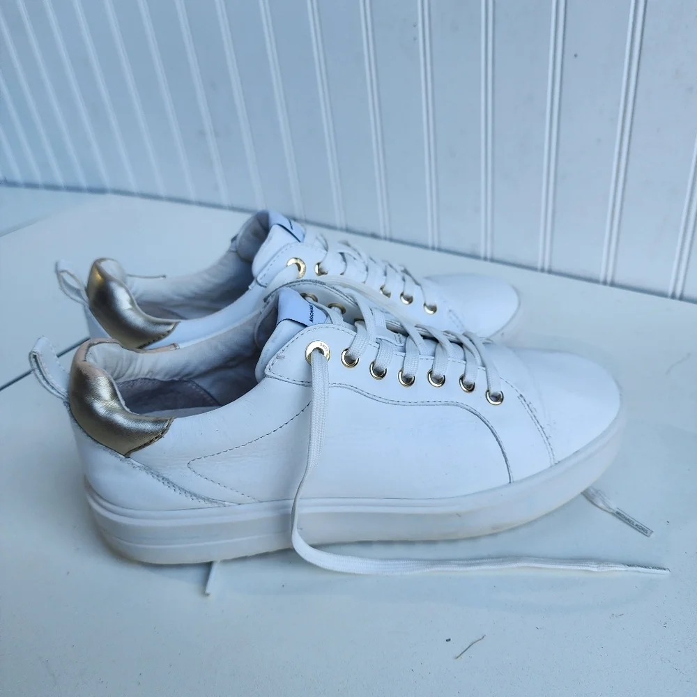 MICHAEL MICHAEL KORS Emmett White Gold Leather Sneaker Lace Up Ft221 Sz 8 M